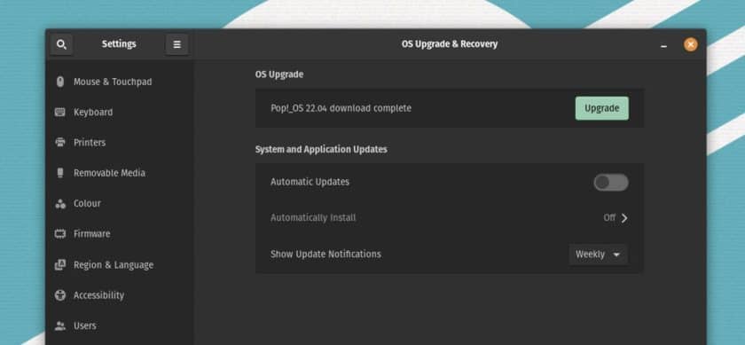 captura de pantalla de la actualización y recuperación del sistema operativo que muestra el botón de actualización pop OS 22.04
