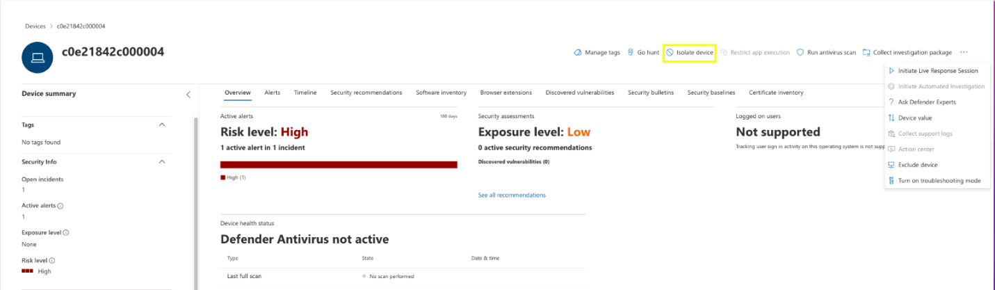 Aislamiento de dispositivos Linux de Microsoft Defender para punto de conexión desde el panel de Microsoft 365 Defender