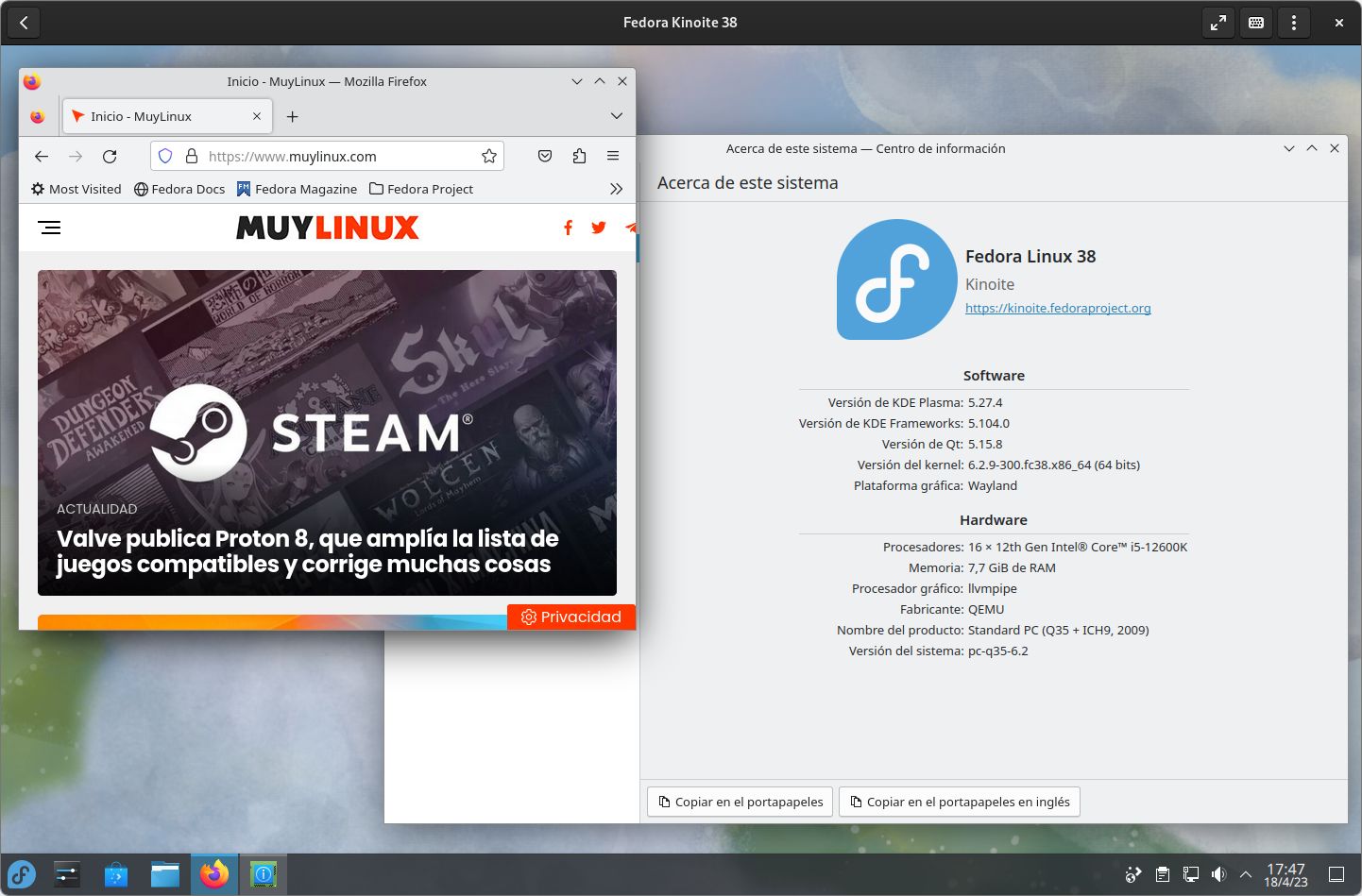 Fedora Kinoite 38 con KDE Plasma 5.27