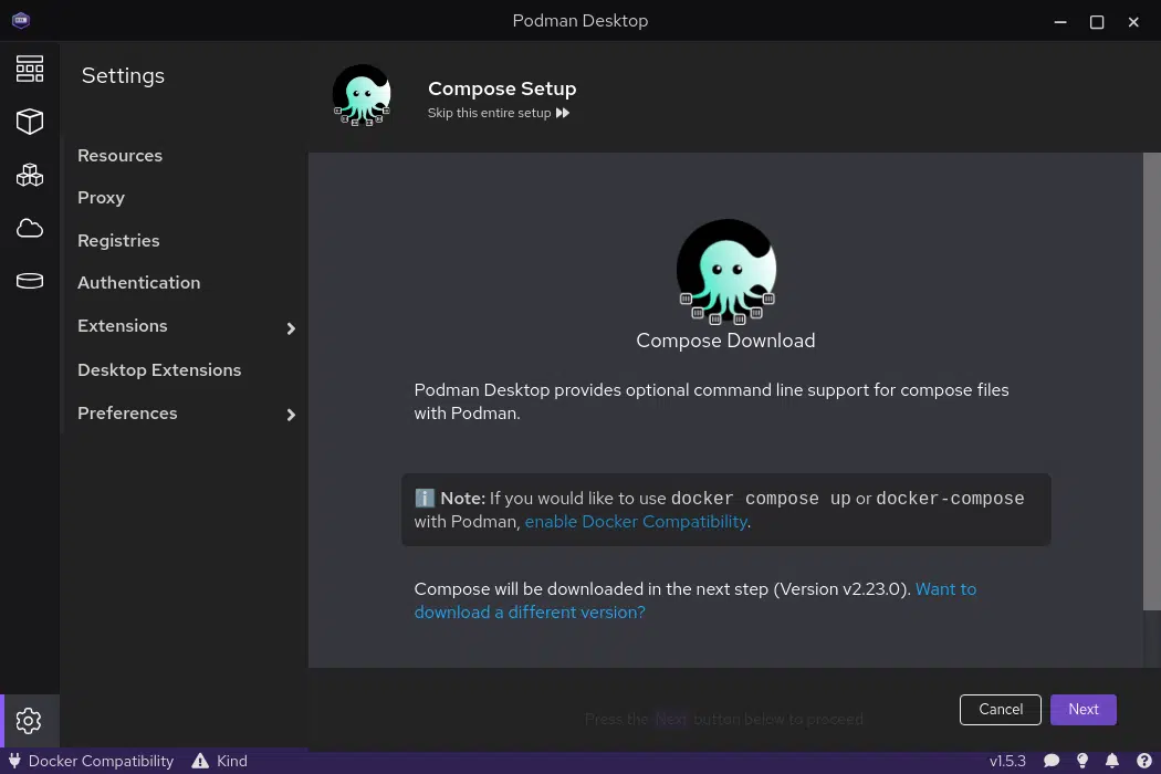 Flujo guiado de Compose en Podman Desktop 1.5