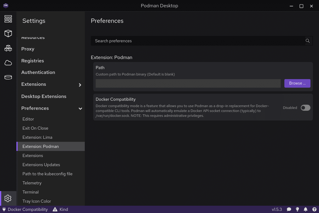 Habilitar la compatibilidad con Docker en Podman Desktop 1.5