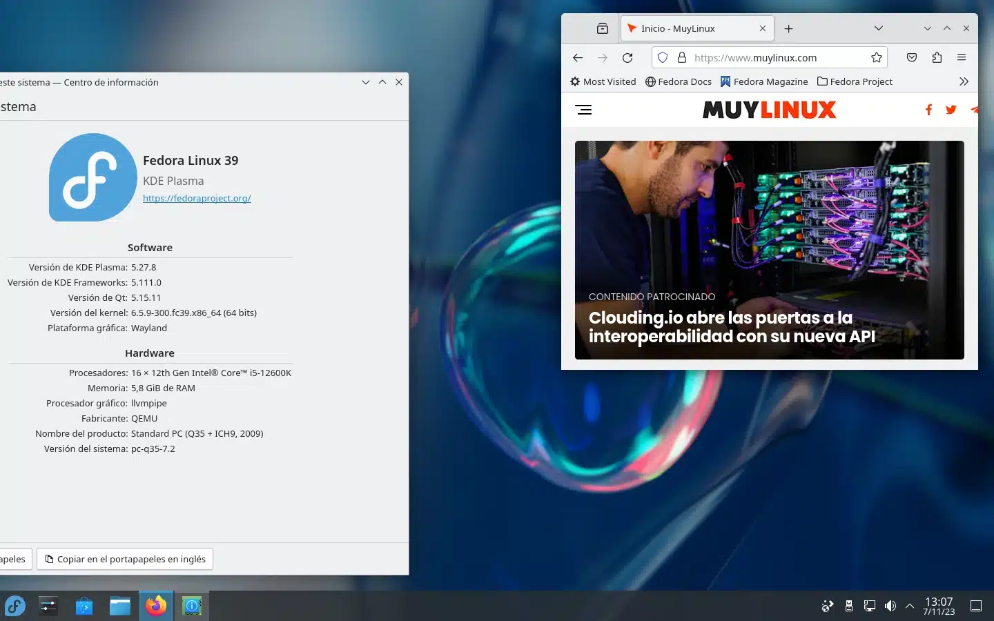 spin con KDE Plasma de Fedora 39