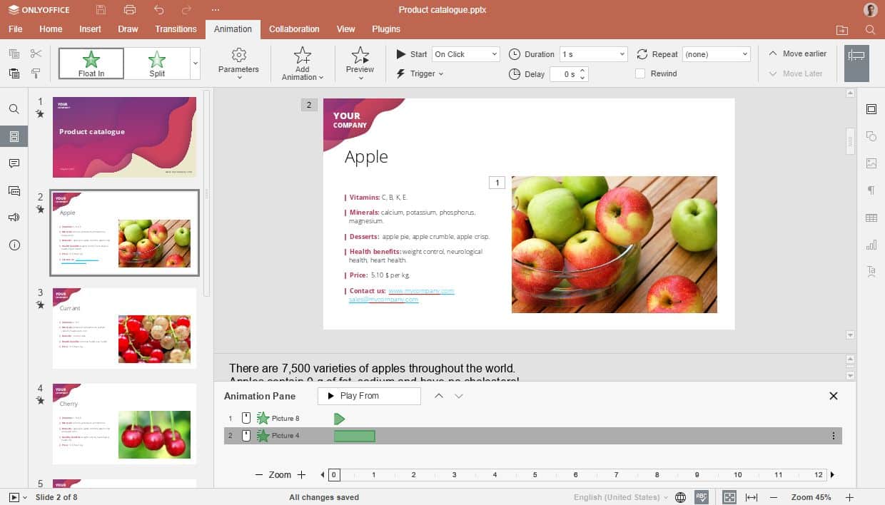 Una presentación de diapositivas en ONLYOFFICE Docs 8.1