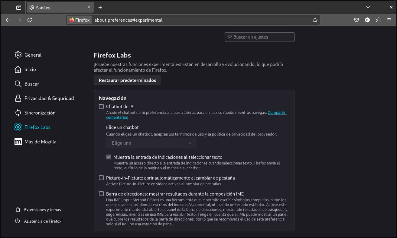Firefox Labs en los Ajustes de Firefox 130