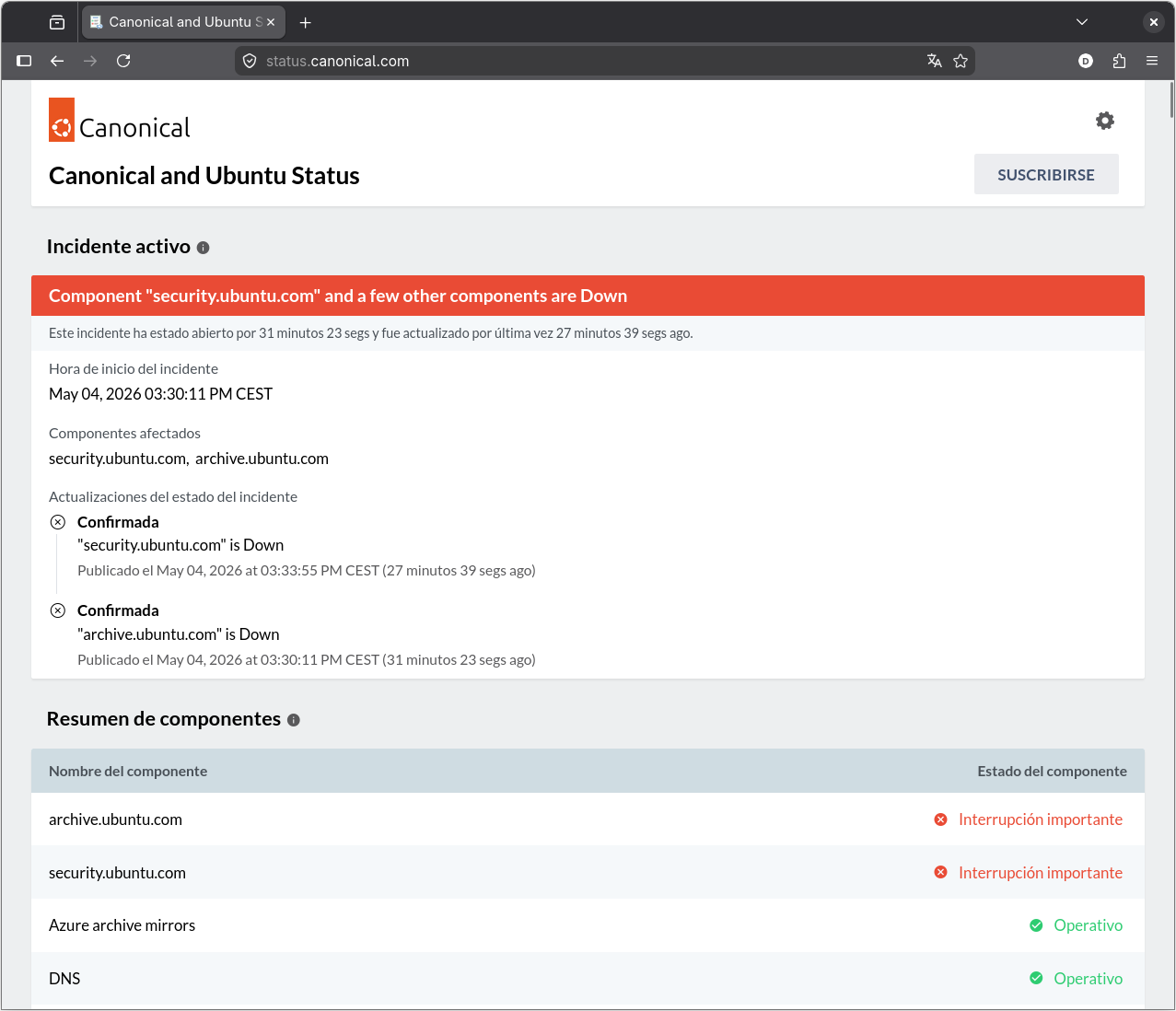 Servicios de Canonical caídos hasta las 16:55 del 4 de mayo de 2026